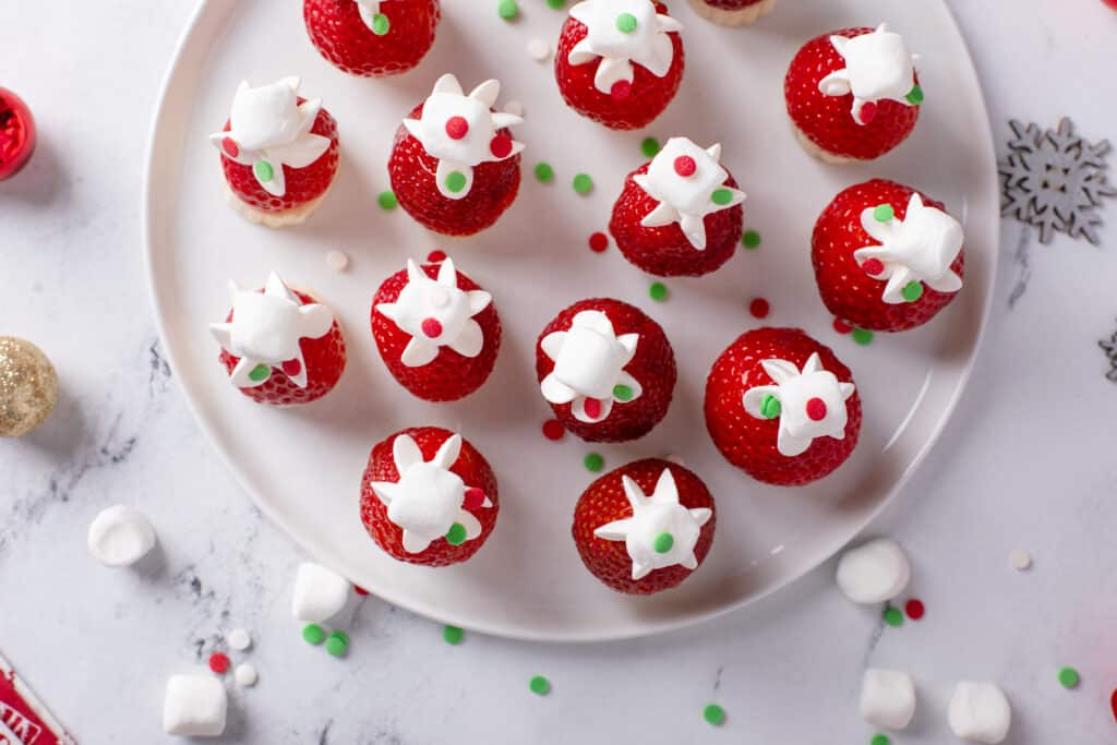 Top shot in serving plate of Strawberry Banana Santa Hats