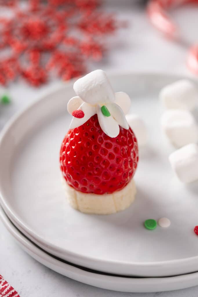 close up shot for single serve Strawberry Banana Santa Hats