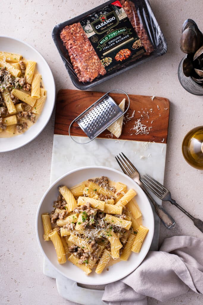 Sausage Rigatoni Pasta shot with uncooked sausages