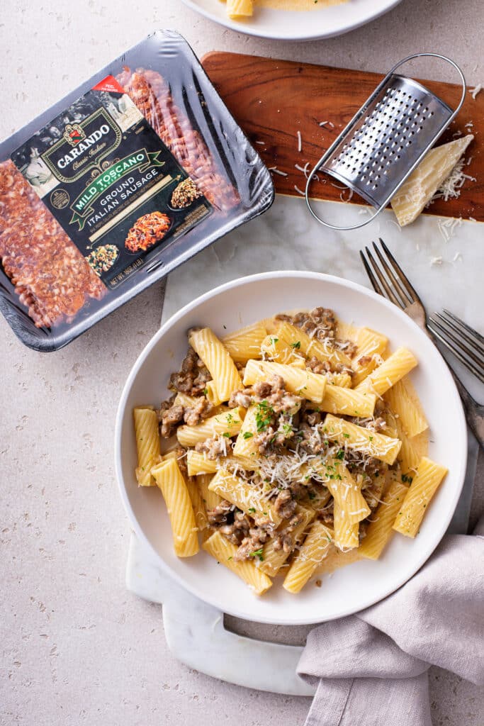 Sausage Rigatoni Pasta shot with uncooked sausages