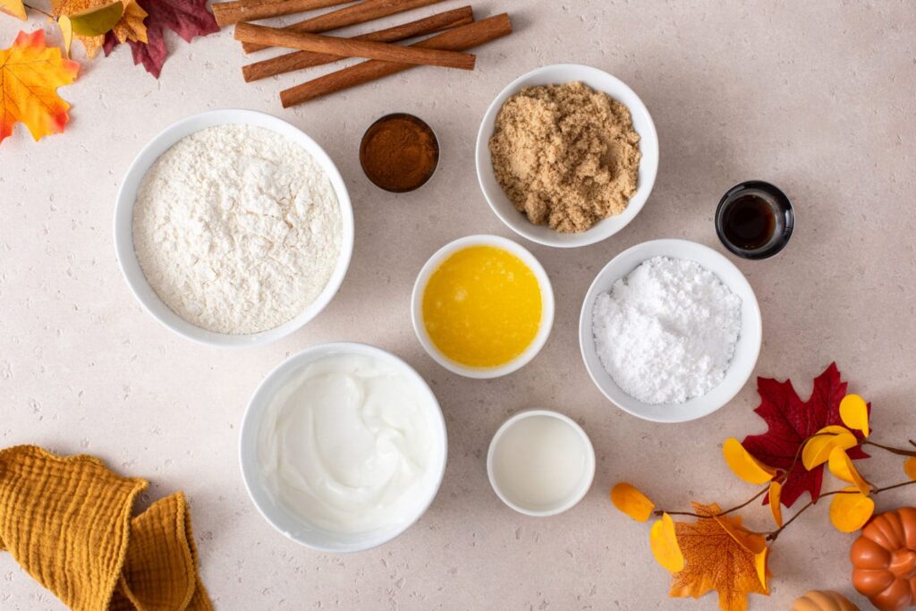 Ingredients for Cinnamon Rolls for Cozy Fall Morning flat lay shot