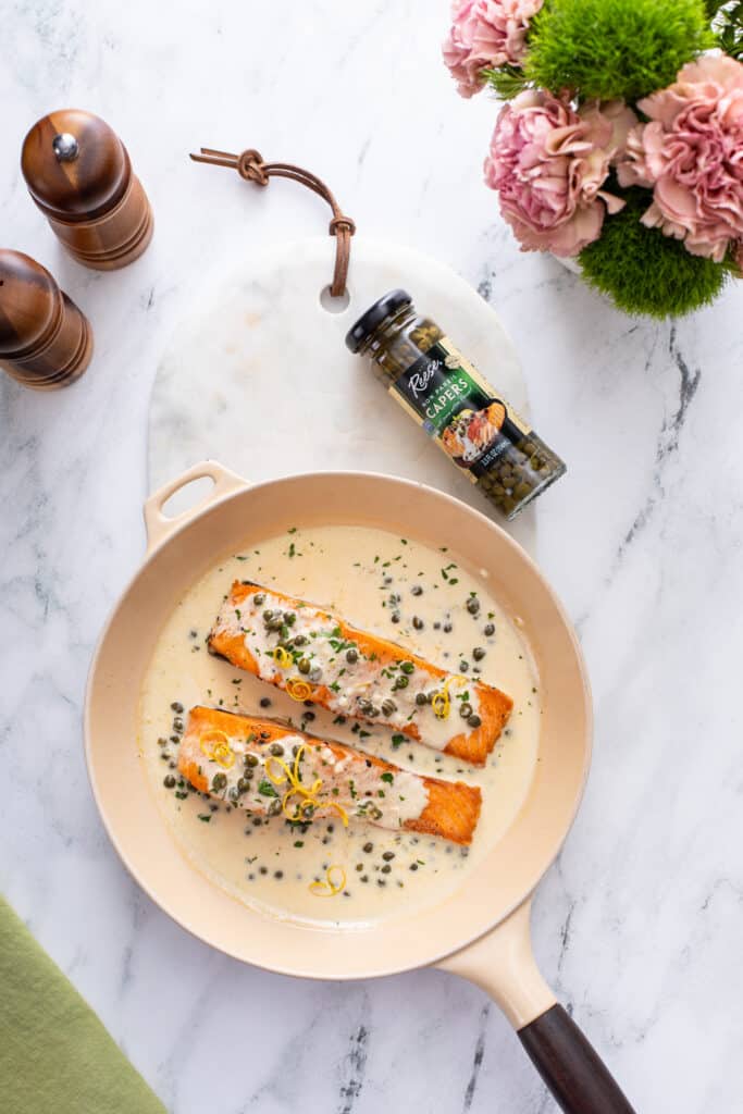 Creamy Lemon Salmon served in a pan