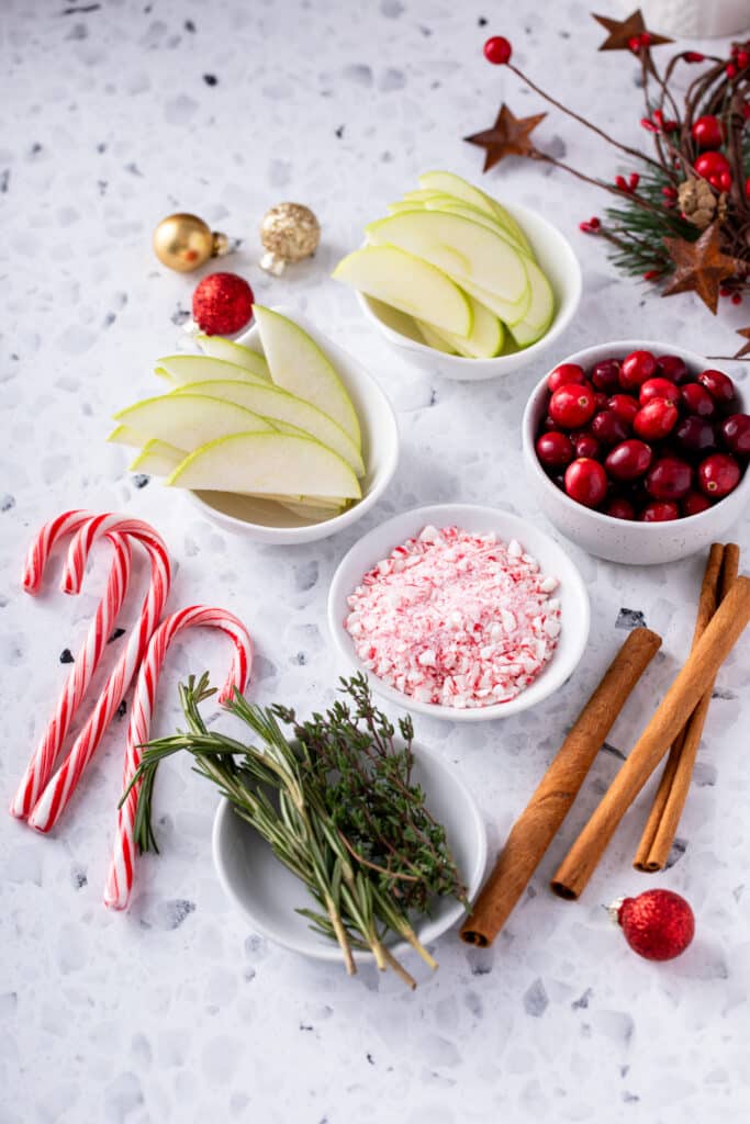 garnishes flat lay shot, apple, cinnammon sticks, fresh cranberries, rosemary, candy canes