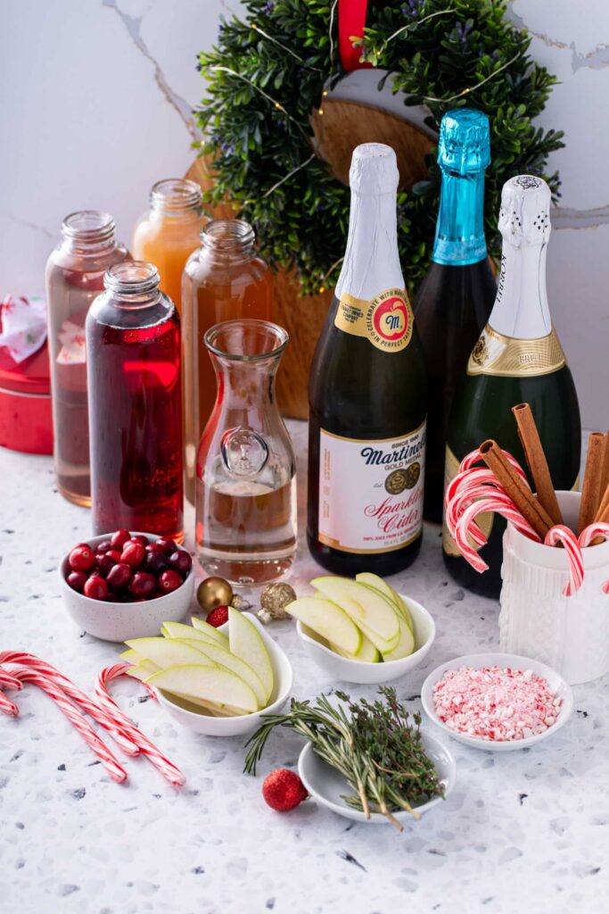 Ingredients for Holiday Mimosa Bar recipes with garnishes