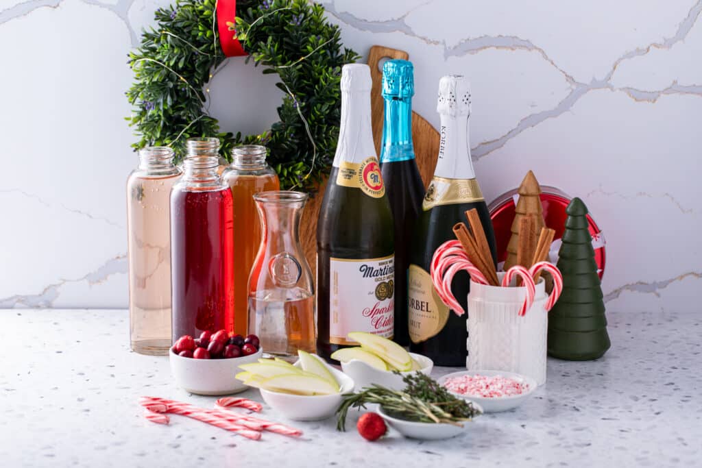 Ingredients for Holiday Mimosa Bar recipes with garnishes