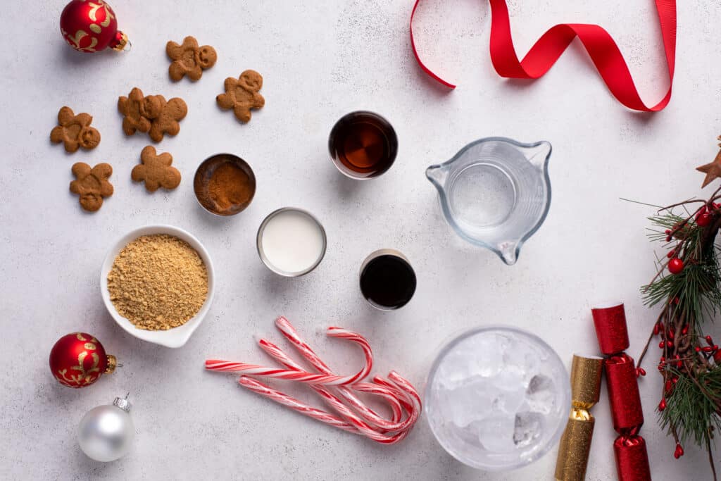 Ingredients for The Perfect Gingerbread Martini flat lay shot