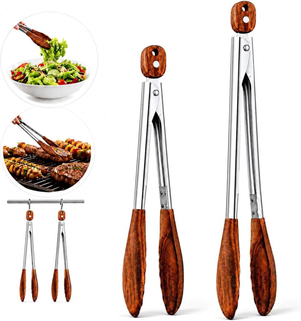 Wooden tongs used for tossing honey lime basil peach fruit salad