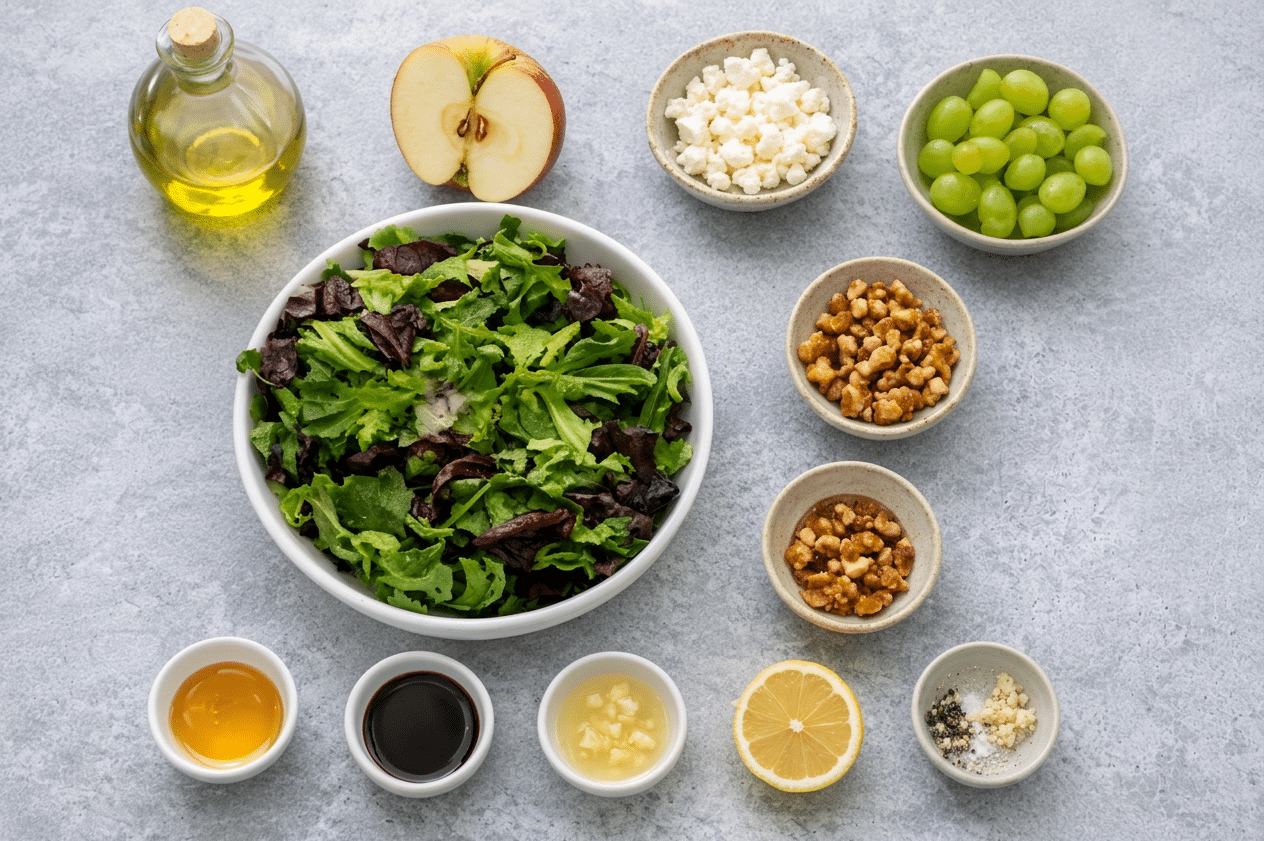 Apple Goat Cheese Ingredients for Apple and Goat Cheese Salad flat lay shot