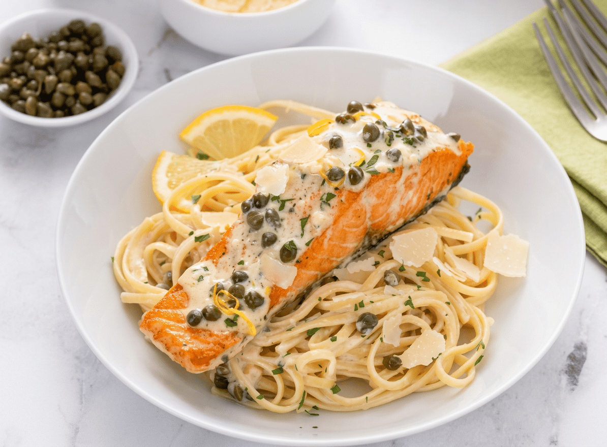 salmon Creamy Lemon Salmon Piccata Pasta close up shot on serving plate