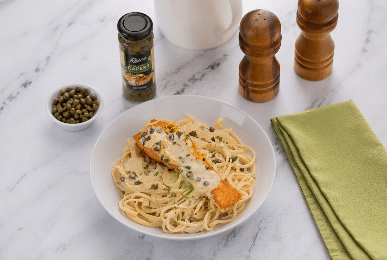 serve Creamy Lemon Salmon Piccata Pasta served with capers shot with salt and pepper containers