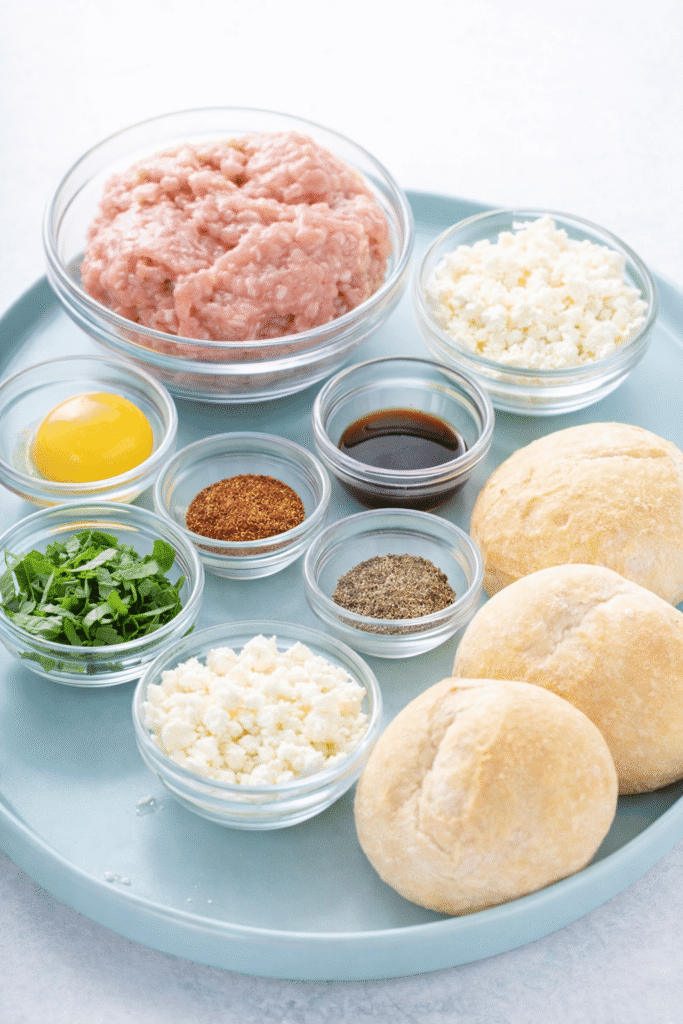 Ingredients for Feta Basil Turkey Burgers in one serving plate