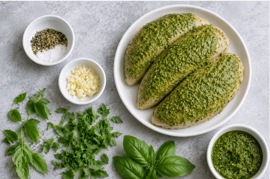 Chicken covered in pesto for Basil Pesto Tomato Mozzarella Chicken Bake