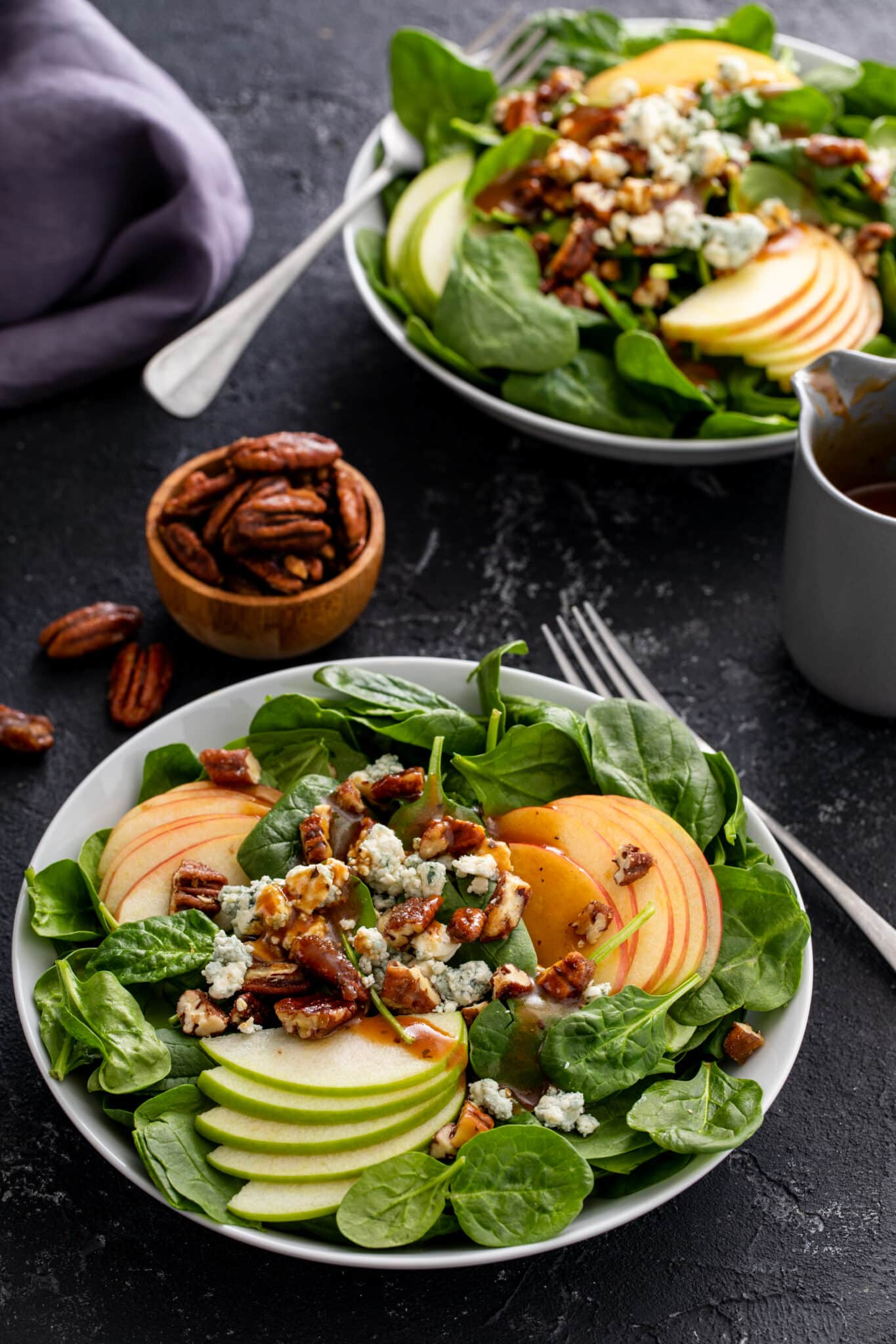 2 servings ofThe Perfect Winter Salad served with the store bought dressing, ready to eat