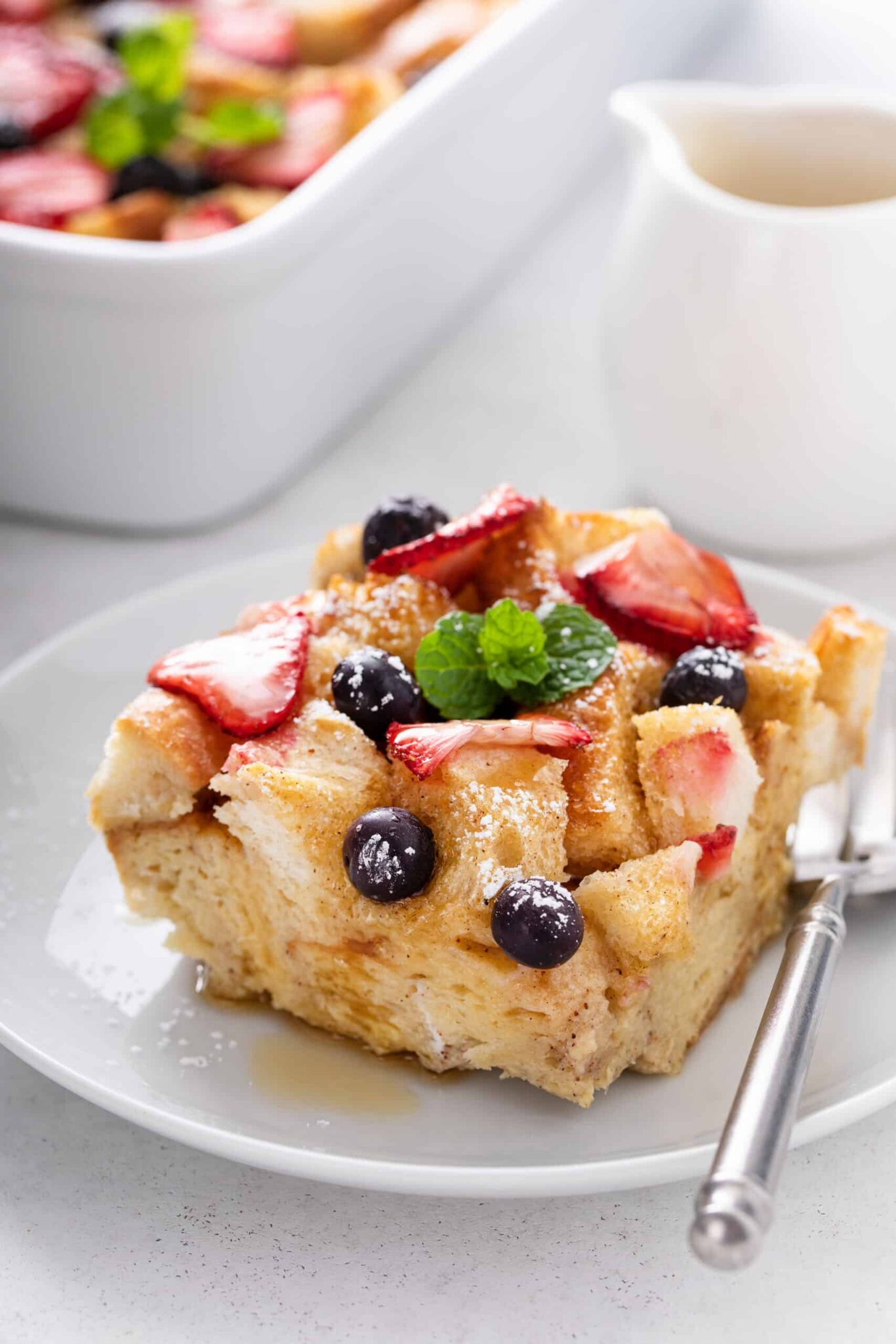 single serving of Very Berry French Toast Casserole, close up shot