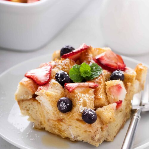 single serving of Very Berry French Toast Casserole, close up shot