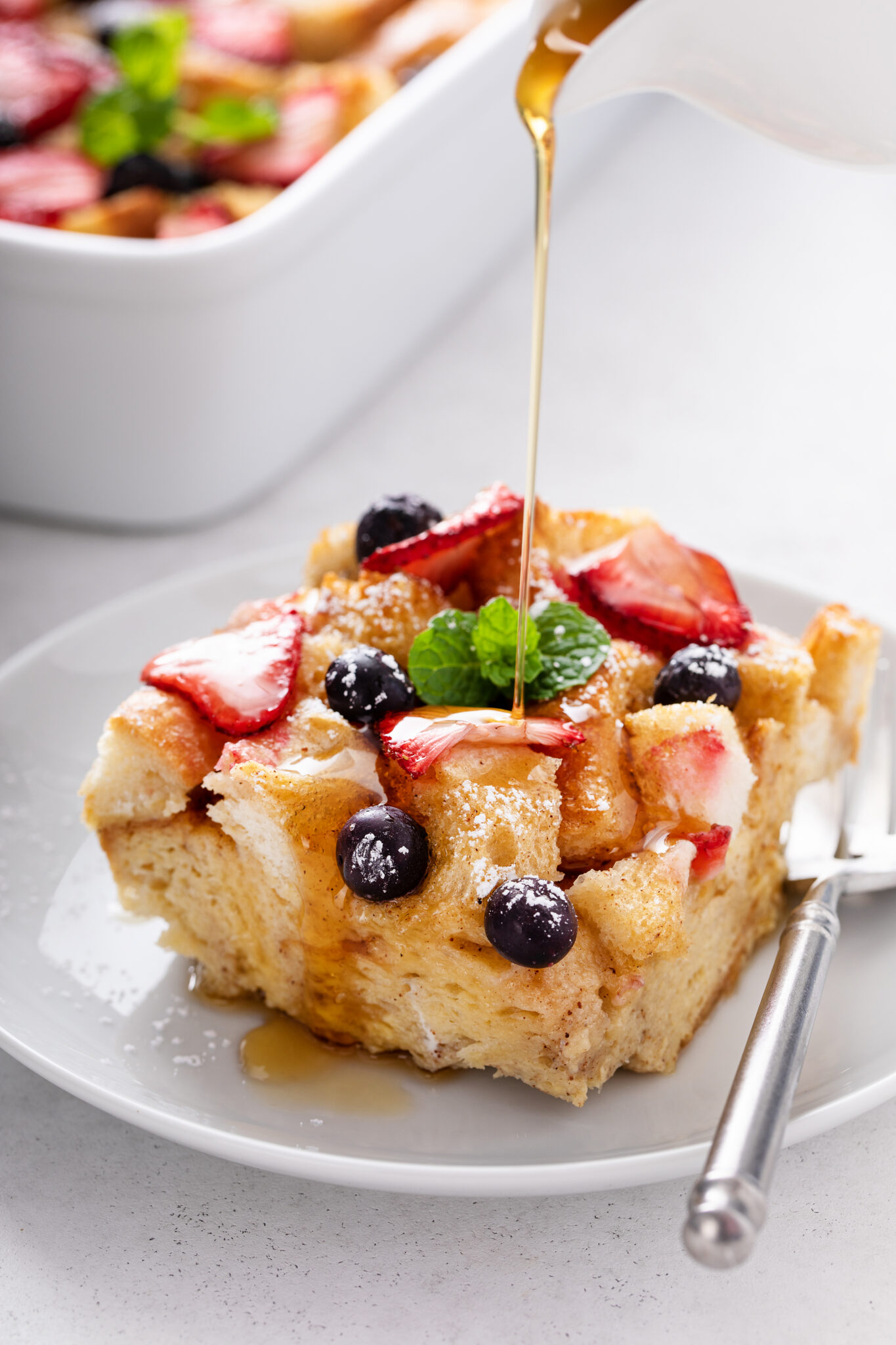 single serving of Very Berry French Toast Casserole, close up shot