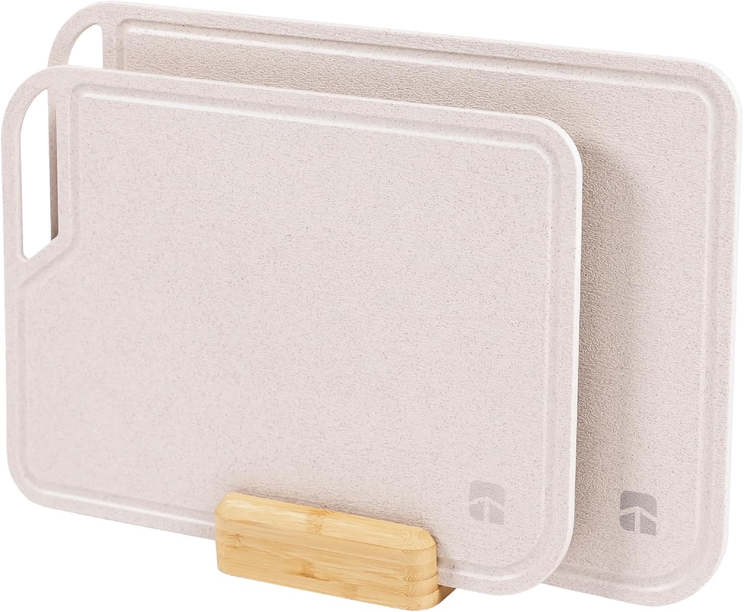 Two cutting boards with a wooden stand
