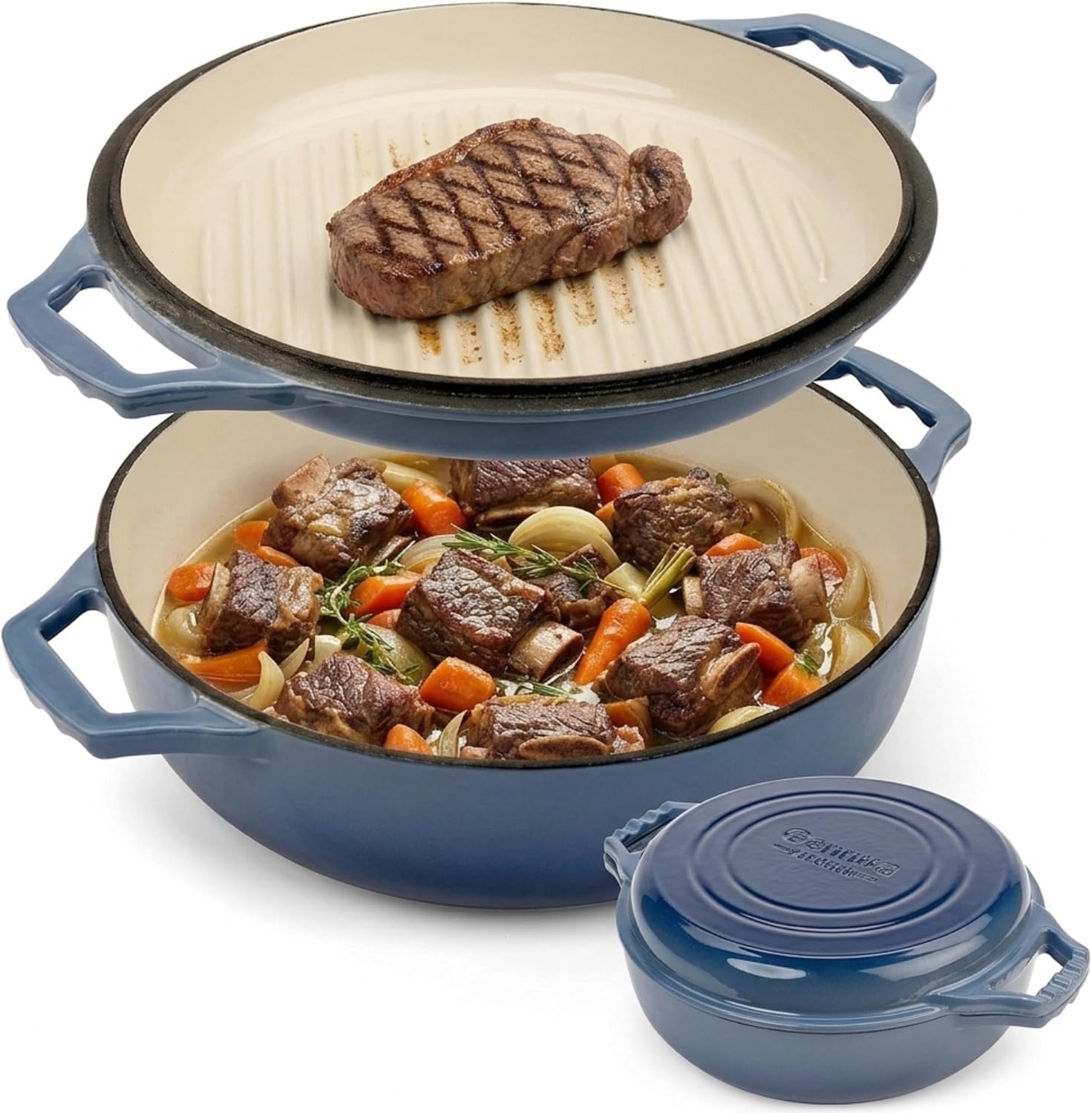Blue enameled cast iron grill pan and braiser
