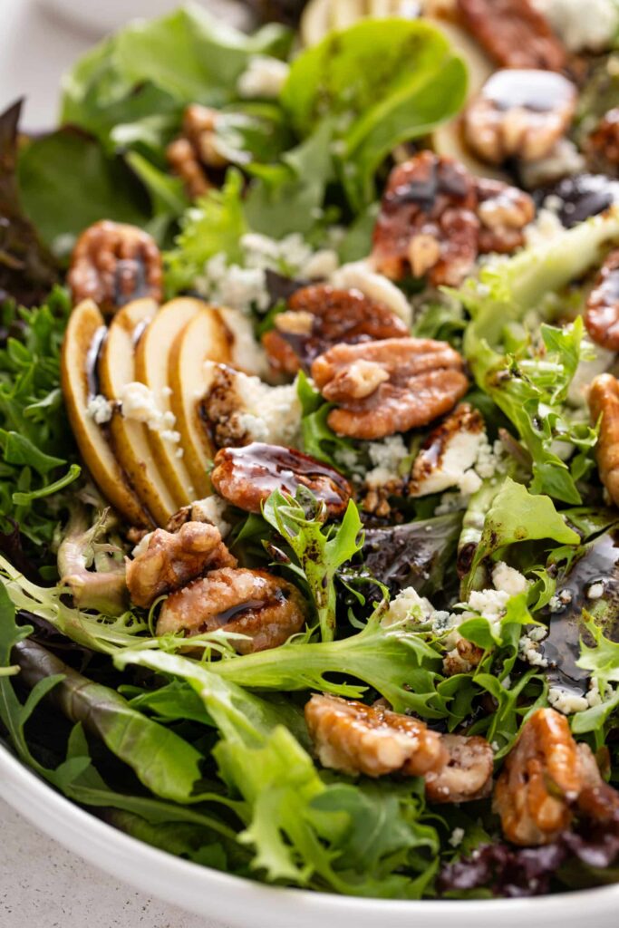 close up shot of Pear & Gorgonzola Salad with Candied Pecans