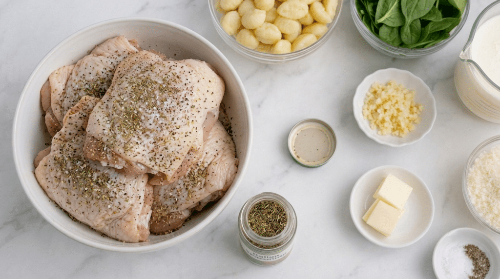 seasoned chicken ready for Baked Chicken Gnocchi with Garlic Parmesan Cream Sauce