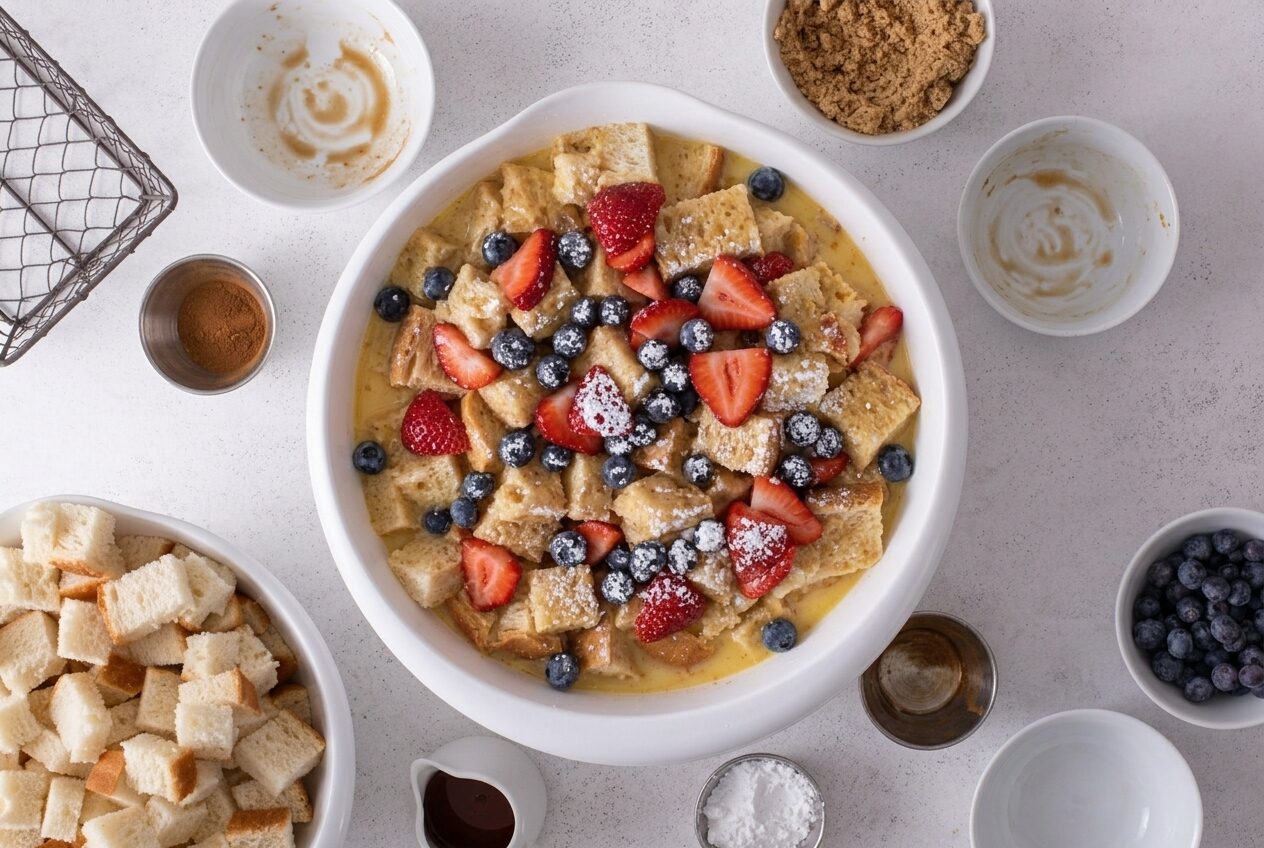 Very Berry French Toast Casserole with stawberries and blueberries
