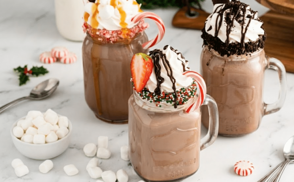 close up shot of The Perfect Hot Chocolate Bar served in 2 chocolate infused  flavor and 1 caramel infused flavor