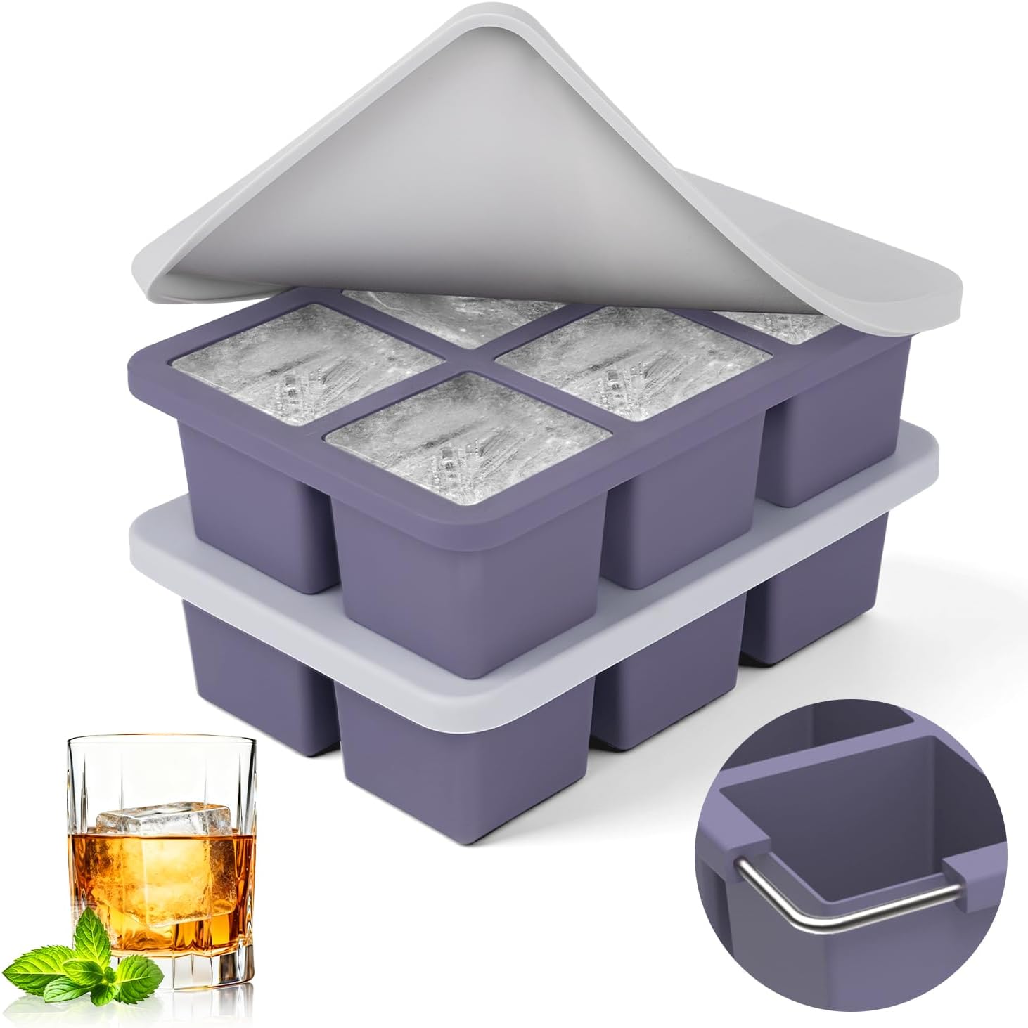 Large silicone ice cube tray with lid for freezing berries inside two-inch cubes