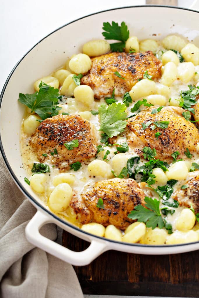 Baked Chicken Gnocchi with Garlic Parmesan Cream Sauce close up shot