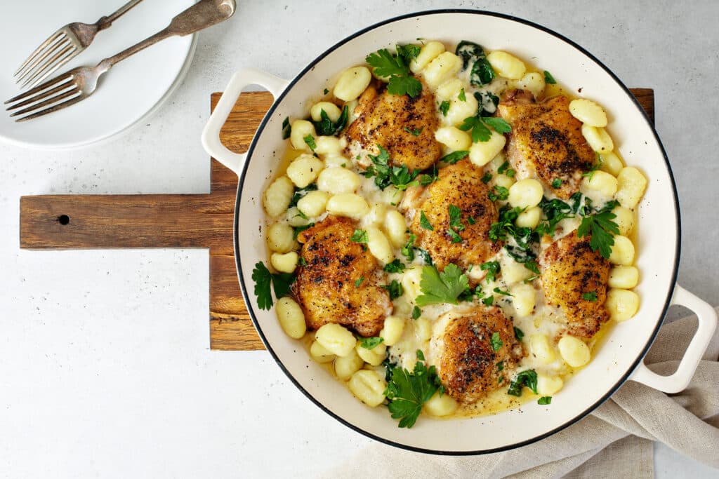 top shot for Baked Chicken Gnocchi with Garlic Parmesan Cream Sauce