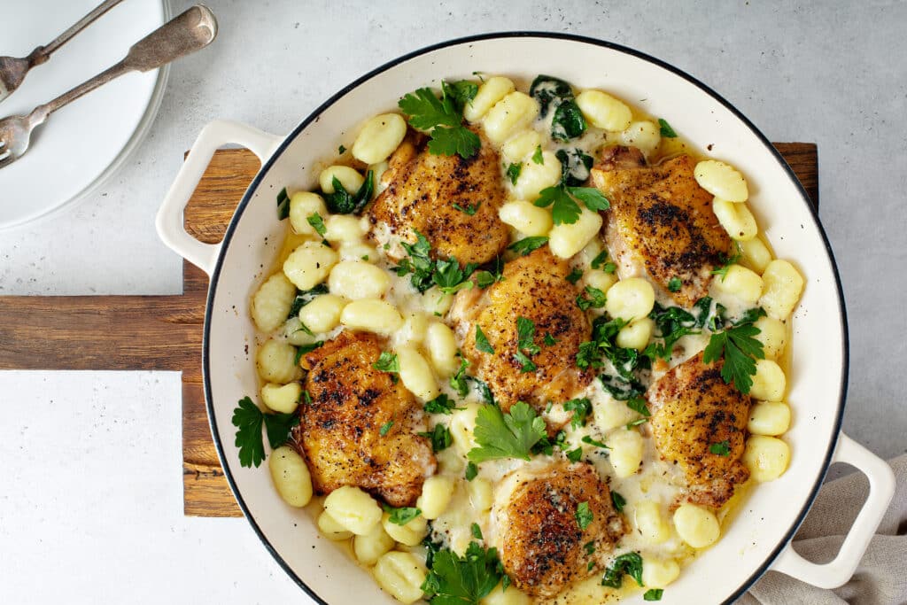 Baked Chicken Gnocchi with Garlic Parmesan Cream Sauce top shot