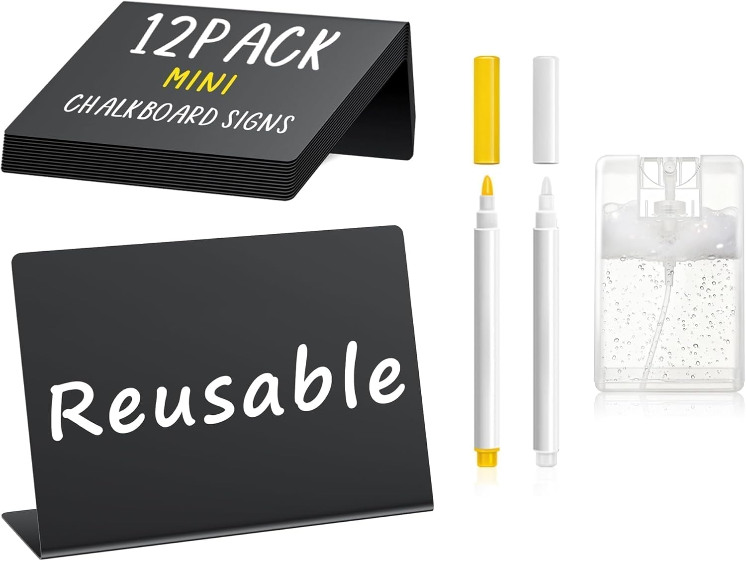 Mini chalkboard food label signs for marking syrups and mixers on a bar