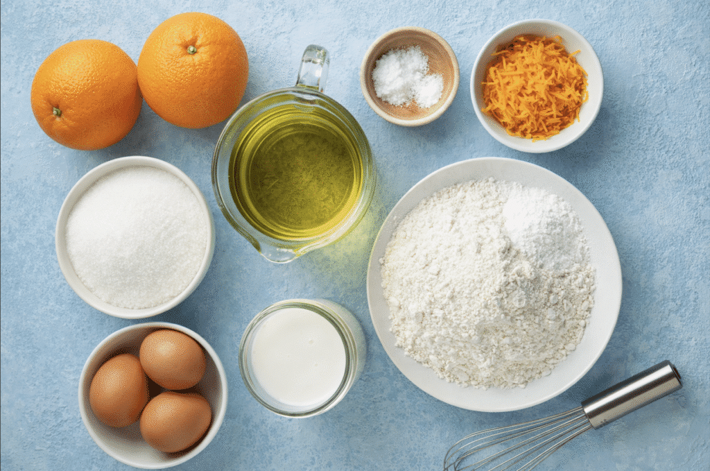 Ingredients for Orange-Scented Olive Oil Bundt Cake flat lay shot