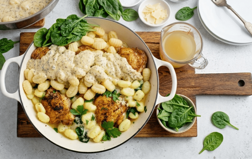 chicken arranged and top with uncooked gnocchi ready for Baked Chicken Gnocchi with Garlic Parmesan Cream Sauce