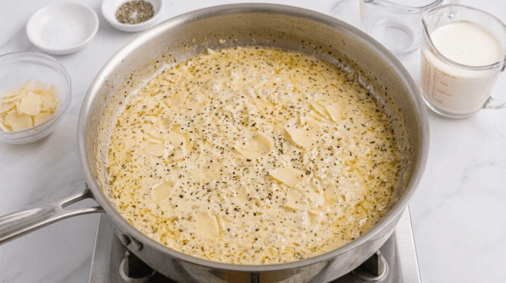 the creamy sauce for Baked Chicken Gnocchi with Garlic Parmesan Cream Sauce