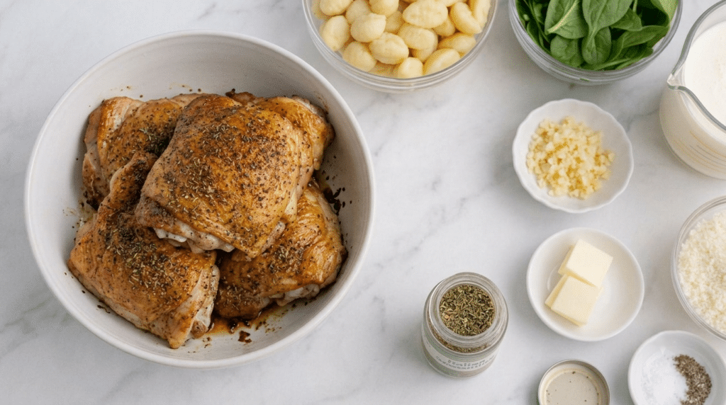 seared chicken ready for Baked Chicken Gnocchi with Garlic Parmesan Cream Sauce