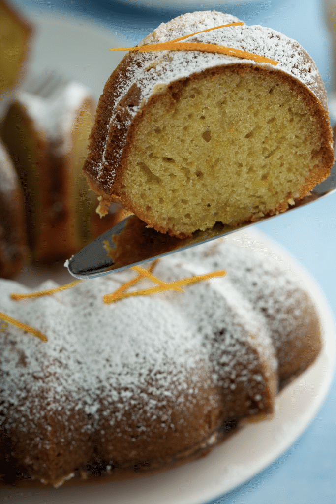 sliced Orange-Scented Olive Oil Bundt Cake close up shot