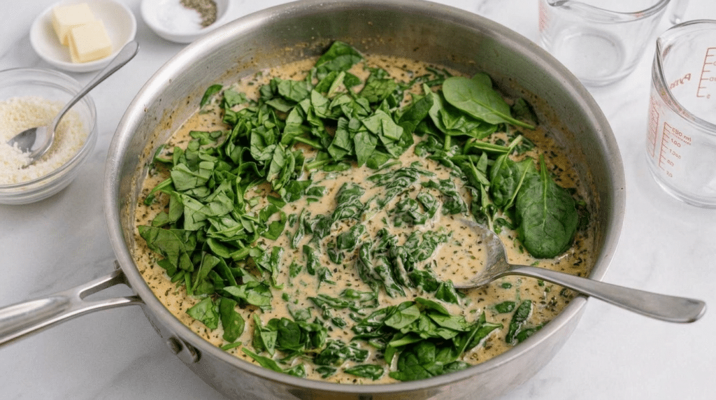 cooked spinach for Baked Chicken Gnocchi with Garlic Parmesan Cream Sauce