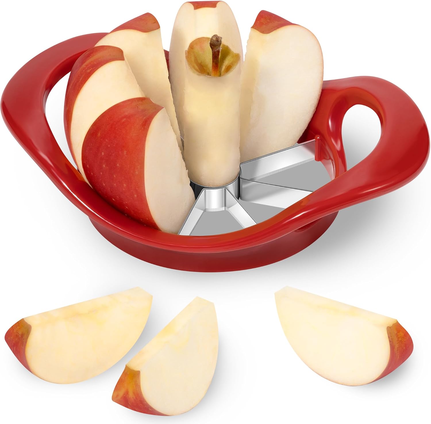 A red apple corer and slicer pressing an apple into even wedges
