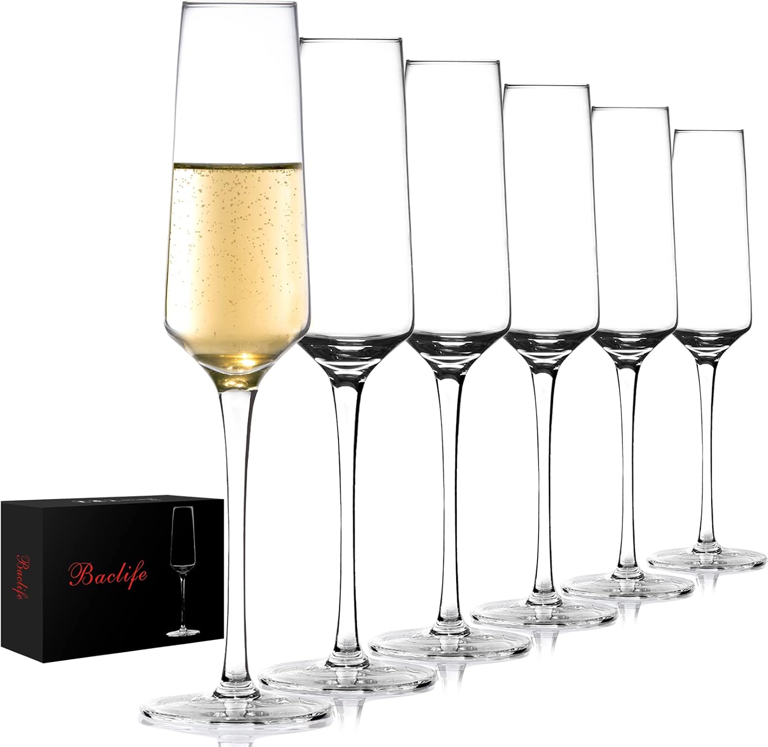 A set of six hand-blown tall champagne flutes, one filled with sparkling wine
