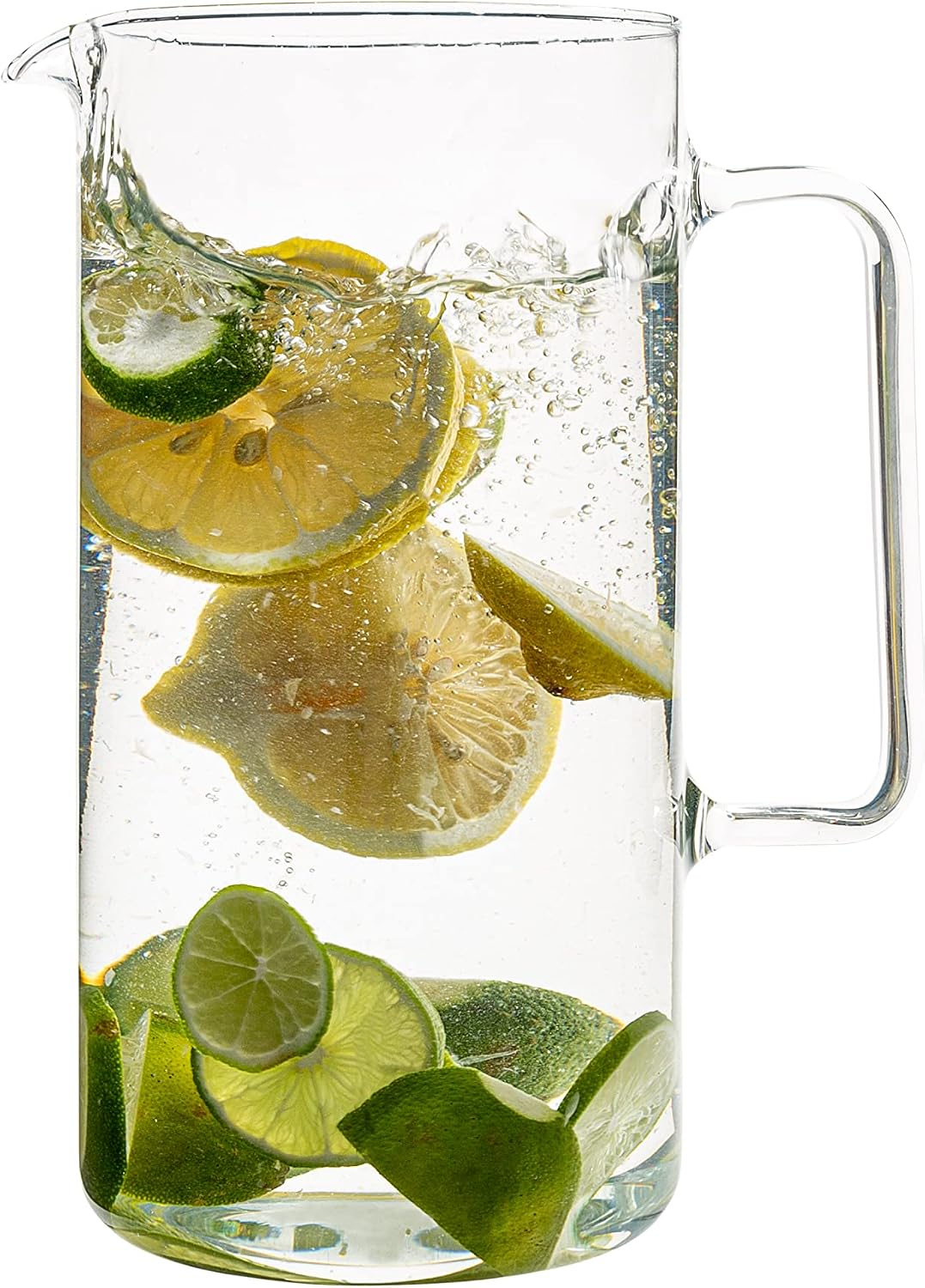 A clear borosilicate glass serving pitcher with a curved handle