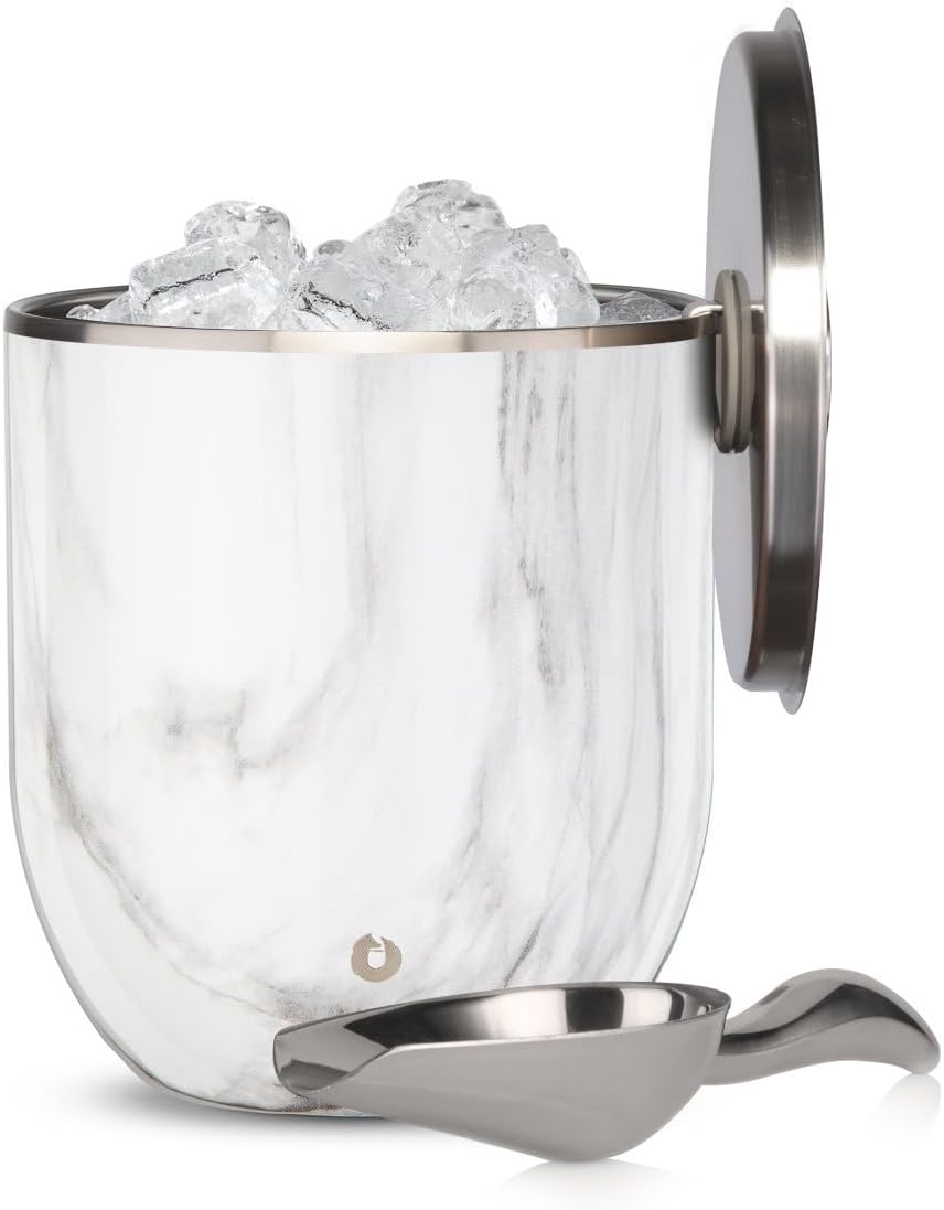 A vacuum-insulated stainless steel ice bucket with a lid and tongs