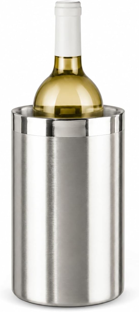 A double-walled stainless steel insulated sleeve holding a chilled bottle