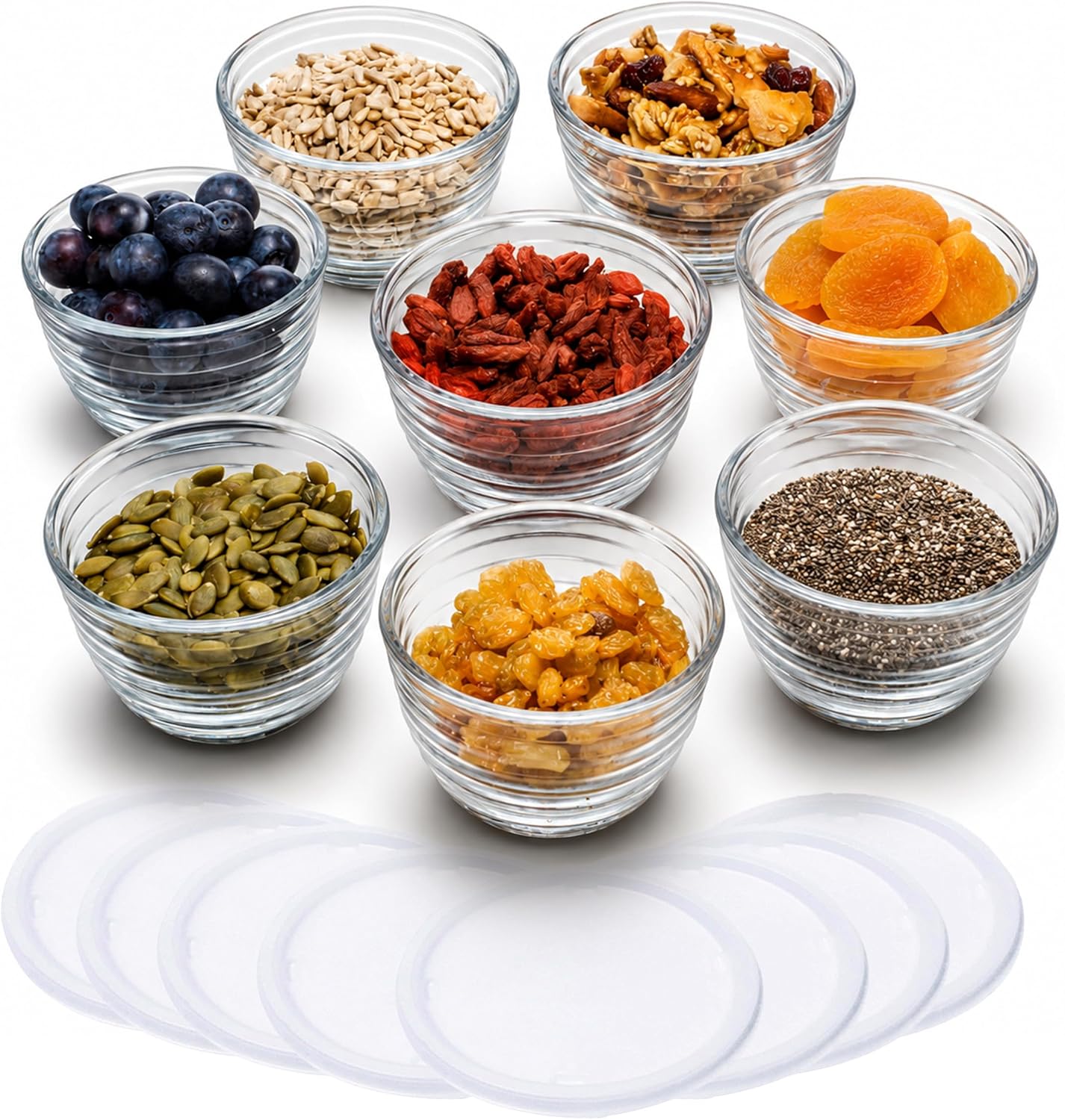 A set of small glass prep bowls with lids for garnishes and spices