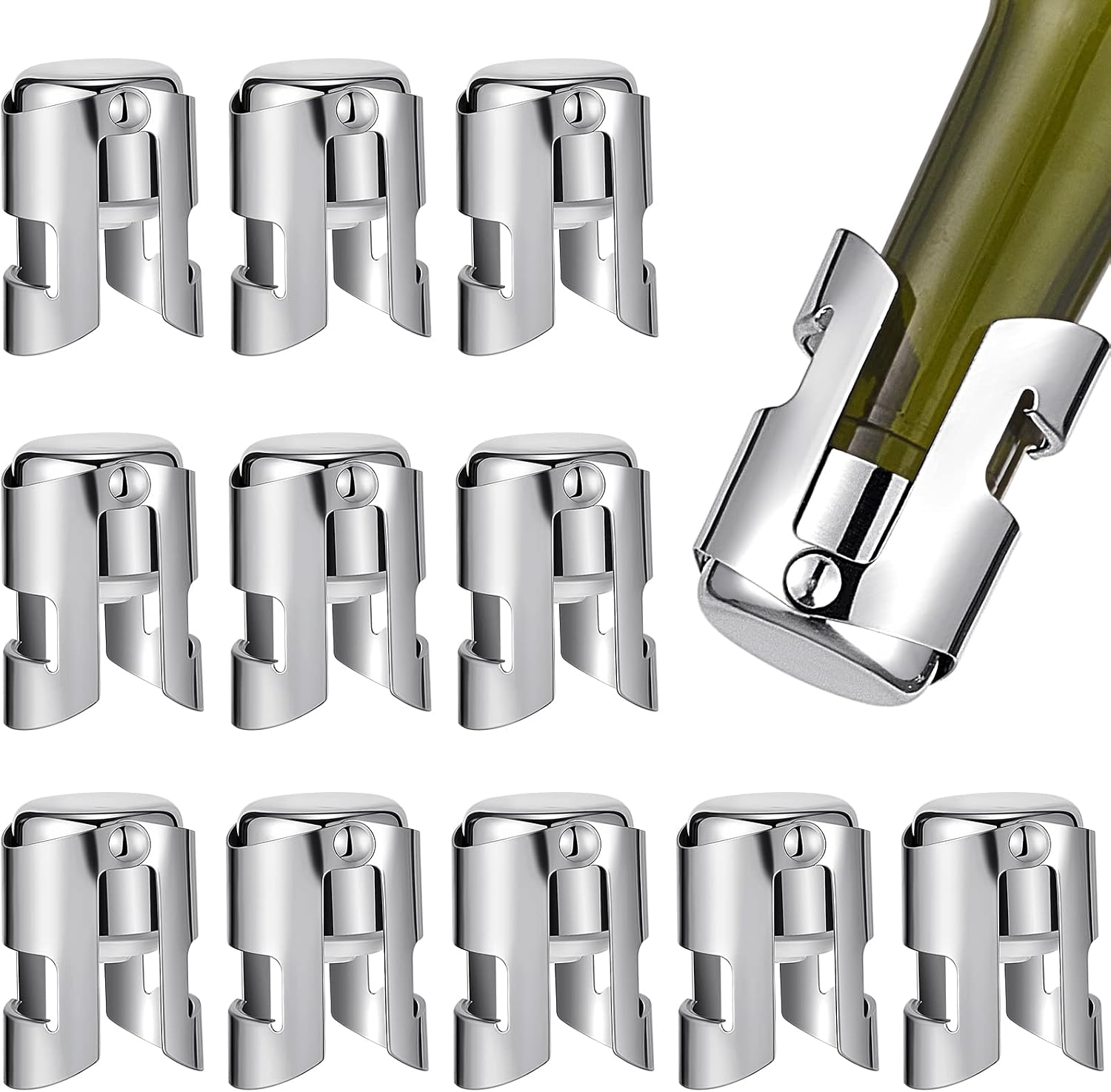 Stainless steel sparkling wine stoppers with hinged clamps