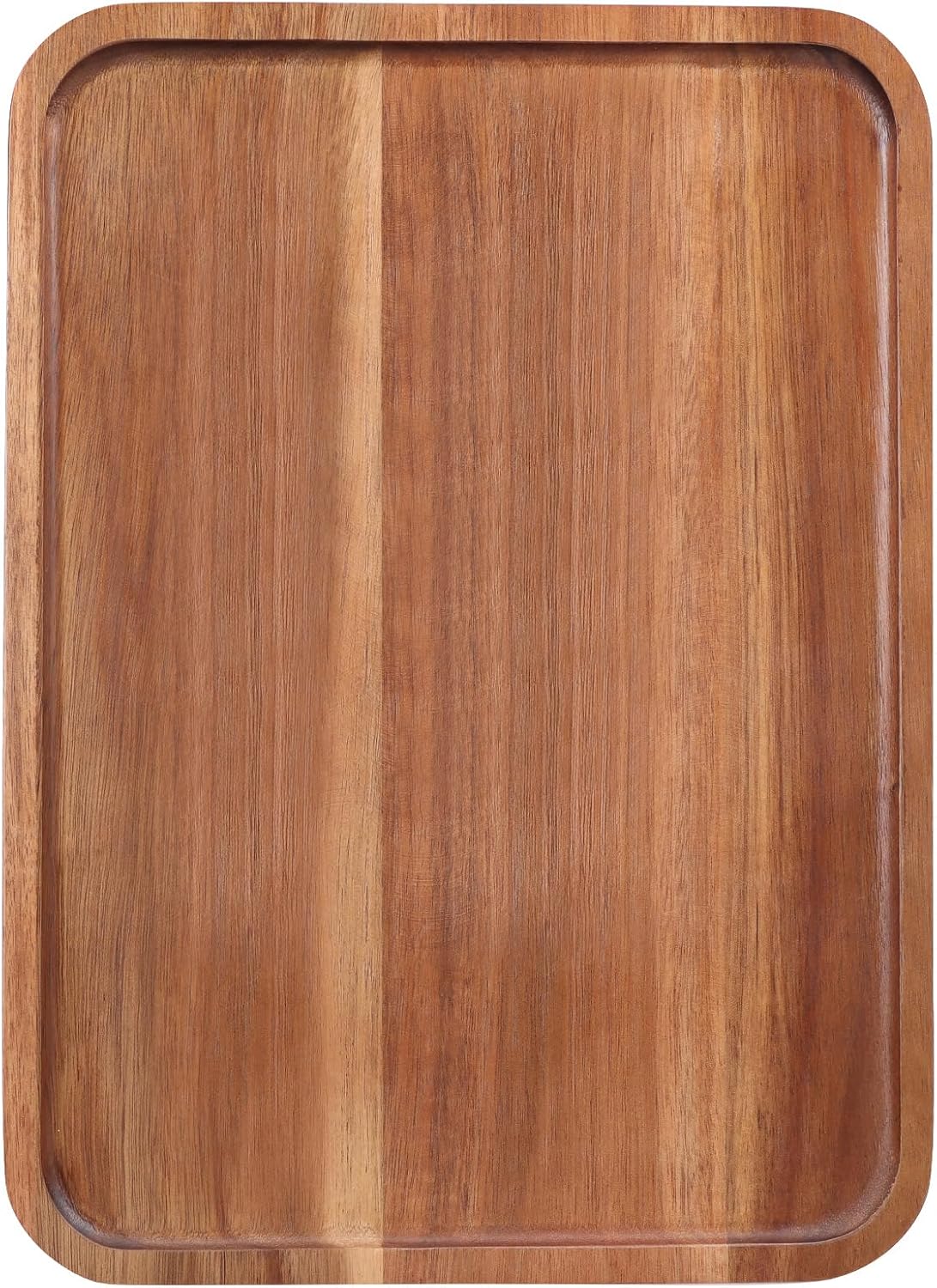 A rectangular acacia wood serving tray with cut-out handles