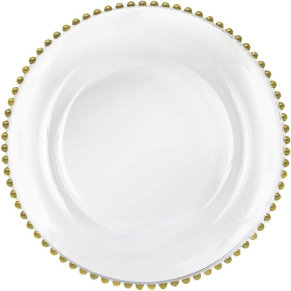 Round glass charger plates with a gold rim