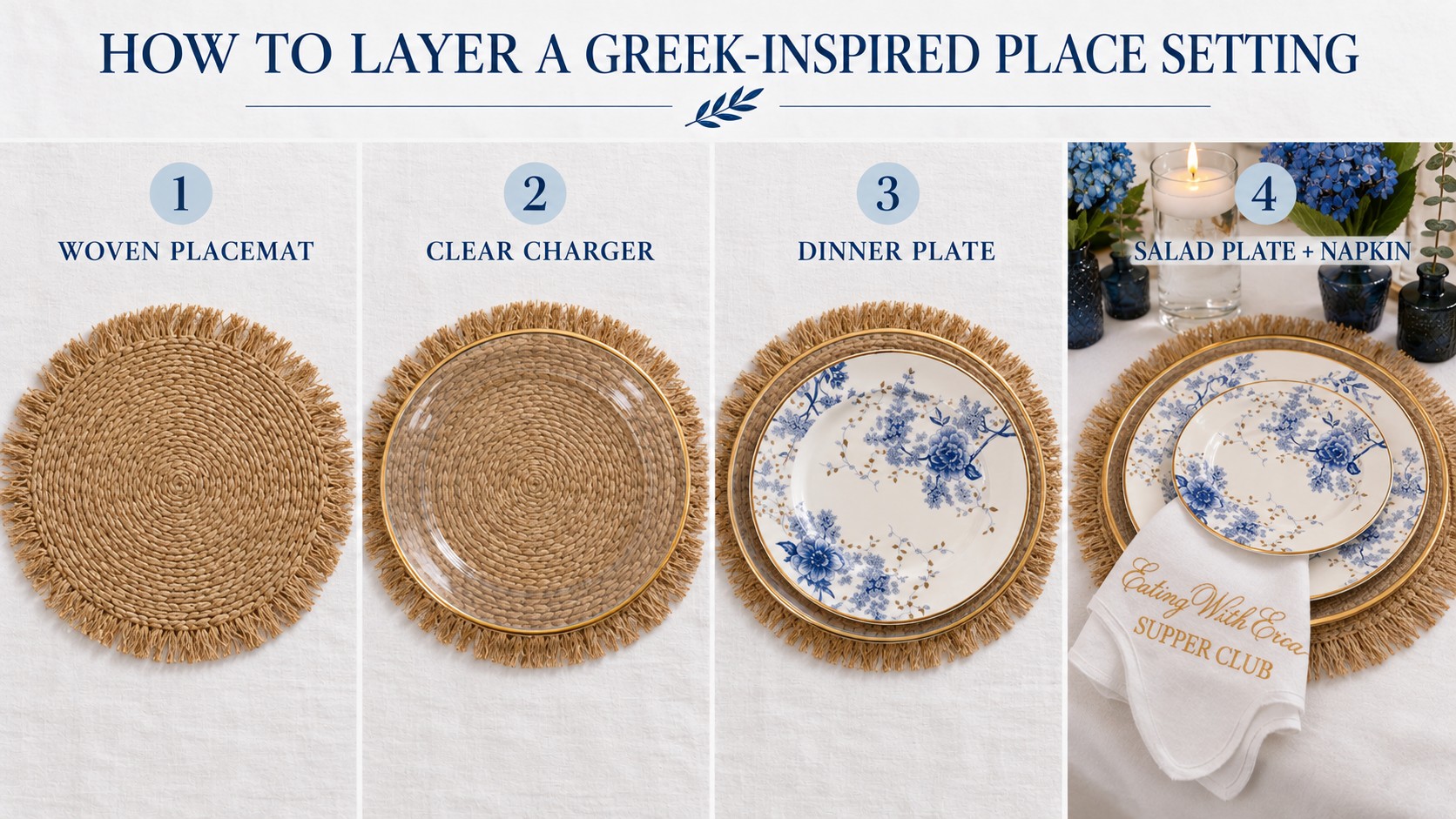 How to layer a Greek-inspired place setting in four steps: a woven placemat, a clear gold-rim charger, a blue floral dinner plate, then the salad plate and an embroidered Eating With Erica Supper Club napkin