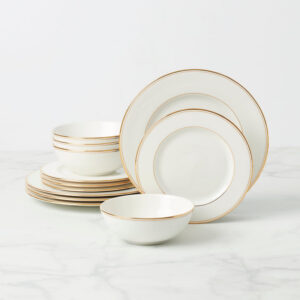 Lenox Federal Gold 12-piece dinnerware set with white bone china and gold bands