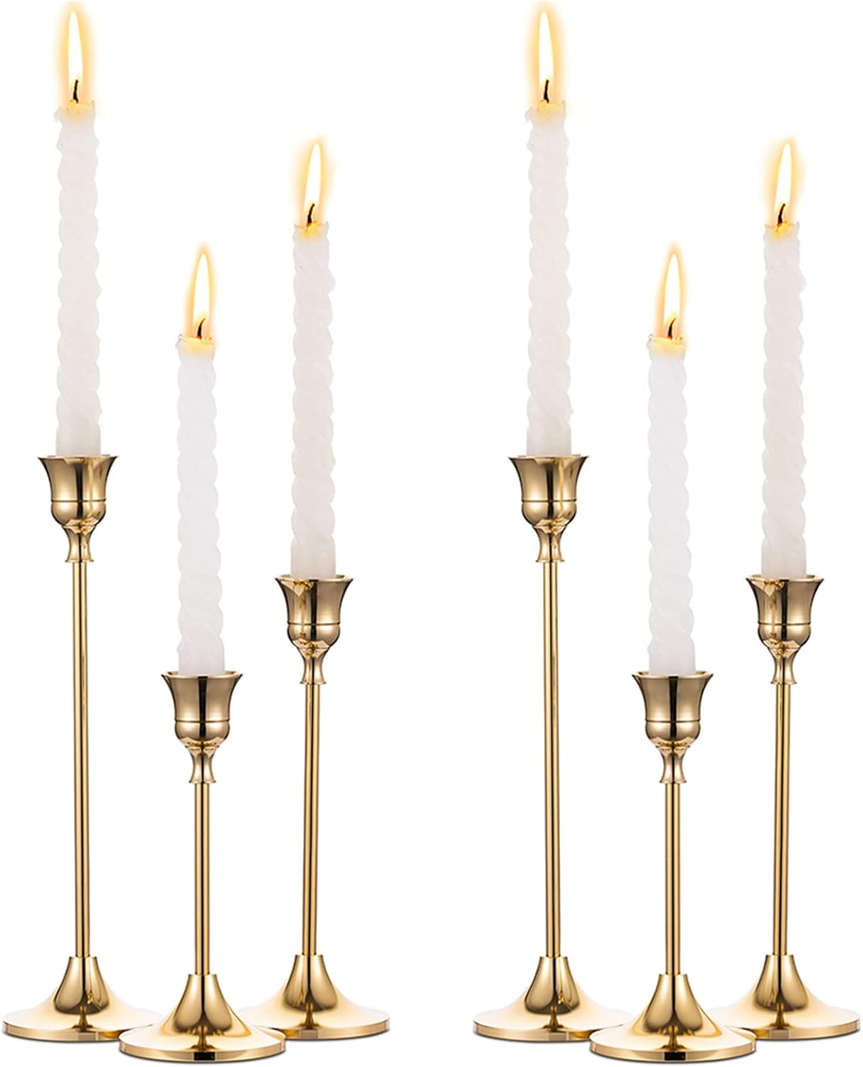 Antique gold candlestick holders in mixed heights