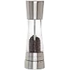 A stainless steel pepper mill with a clear acrylic body